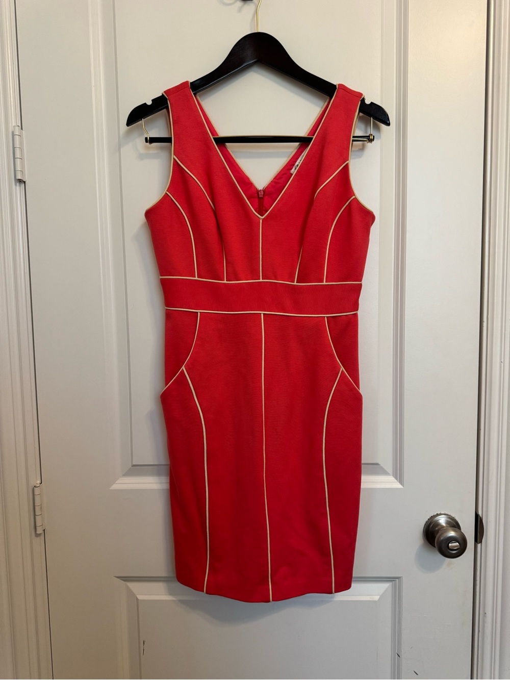 Trina Turk Coral Midi Sheath Dress with Cream Piping Detail